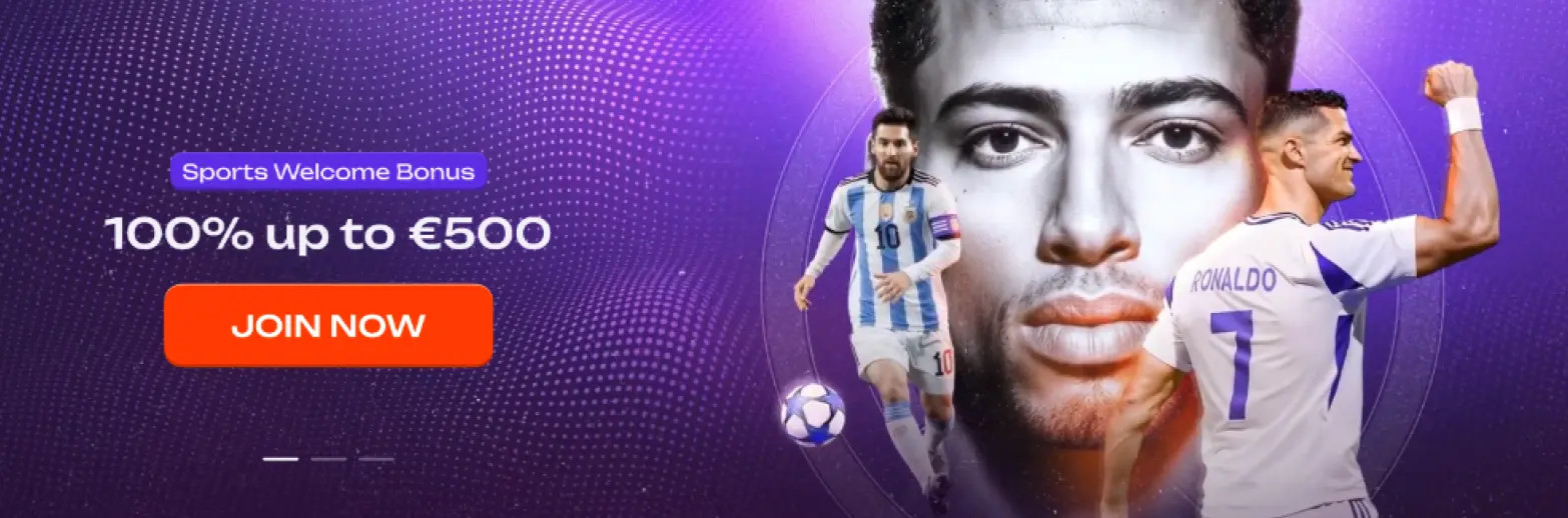 sportowy bonus powitalny 100% do €500 baner z sportowym bonusem powitalnym 100% do €500 z przyciskiem join now na fioletowym tle z motywem piłkarskim